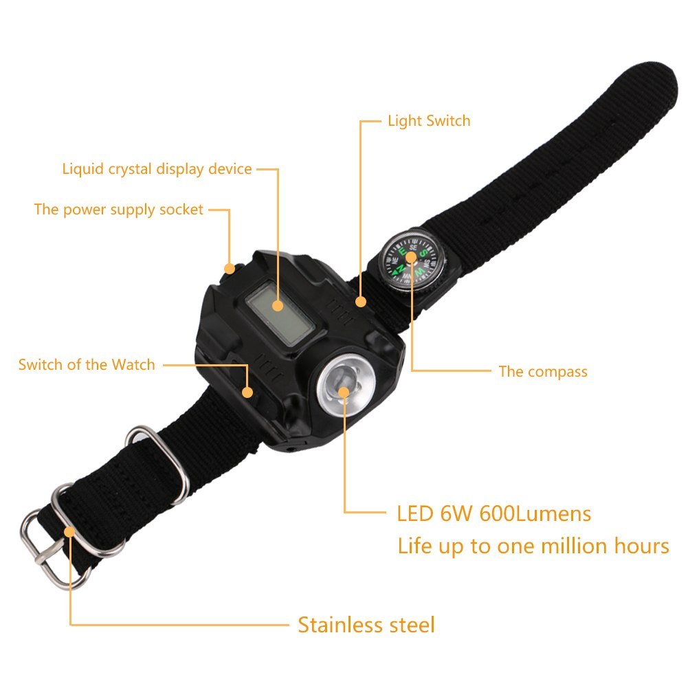 Tactical Flashlight with 4 Modes USB Charging, Time Display, Compass and Clock